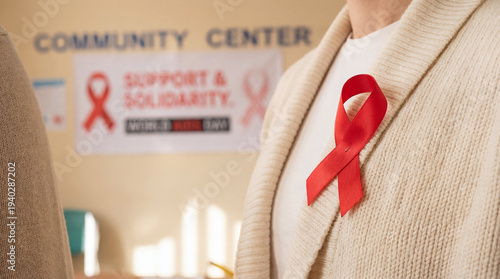 Red ribbon on chest, community center, support and solidarity banner for World AIDS Day