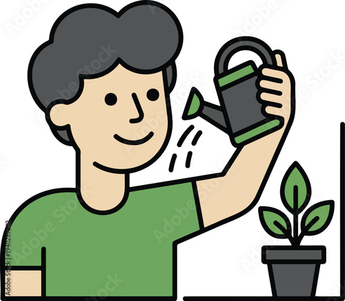 Man Watering Potted Plant Gardening and Sustainability Concept Vector Illustration