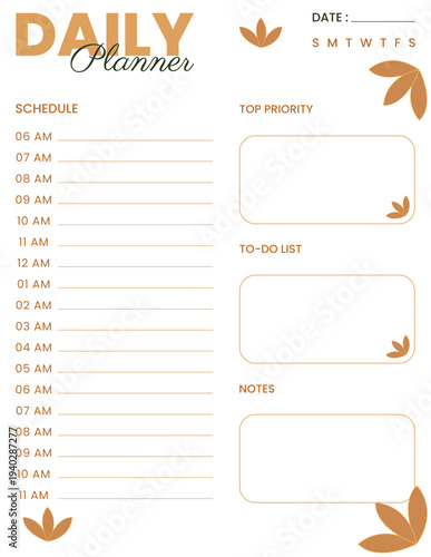 Daily planner template with hourly schedule, minimalist productivity organizer for time management