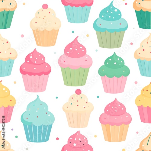 Colorful cupcake pattern with pastel colors and sprinkles on white