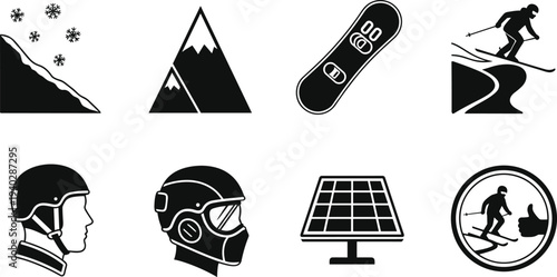 Winter sports and mountain adventure icons set, skiing snowboard helmet slope solar panel vector illustration collection