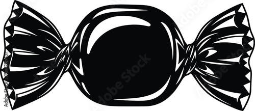 Wrapped candy sweet silhouette illustration, classic confectionery treat design, black candy icon for dessert packaging, snack logo, sugar sweet symbol