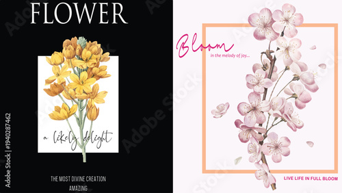 Elegant floral vector illustration set featuring a yellow flower bouquet on black and pink cherry blossoms with a frame, ideal for spring designs and decorative elements.