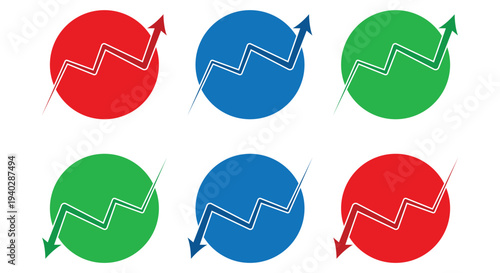 Circular financial growth graph icons, rising arrow symbols on colored round buttons