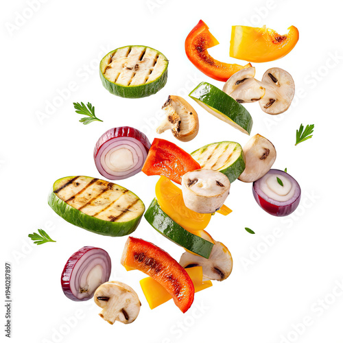 Grilled vegetables including eggplant, mushrooms, bell peppers, and onions, cut into slices and falling against a white background, creating a vibrant and appetizing display of healthy food.