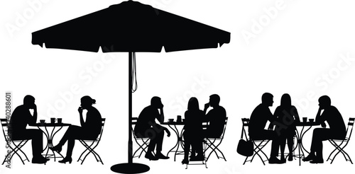 Black silhouette of people sitting at outdoor bistro tables under a large sun umbrella drinking coffee and talking on white background.