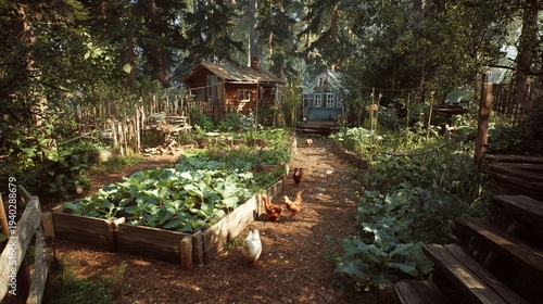 Sustainable off grid homestead featuring vegetable garden and chicken coop for self sufficiency