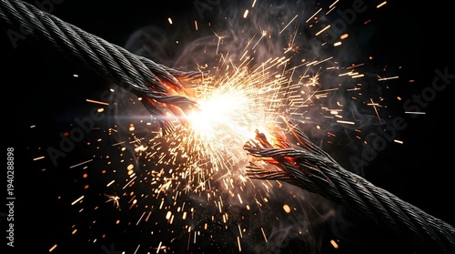 Welding sparks flying as metal cables intersect with intense heat and fiery explosion