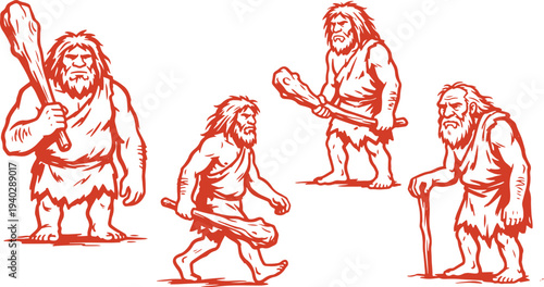 Draw Caveman Characters Set Prehistoric Stone Age Human Illustration Vector.