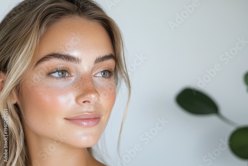Glowy skin highlighter natural makeup freckles young woman blonde hair clear complexion beauty fresh face healthy skin close up portrait skincare radiant soft light blue eyes smooth skin natural