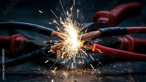 Electric spark generated between two red jumper cables on a dark metal surface