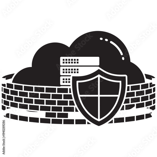 Cloud server security icon with firewall and shield symbol for data protection and network safety concept