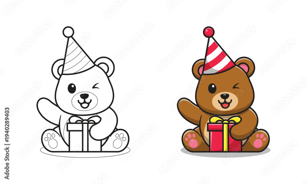 Fototapeta premium Cute bear with gift box cartoon coloring pages