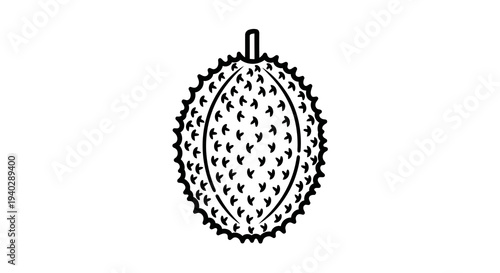 A simple black and white illustration of a durian fruit with spiky outer skin.