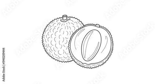 A simple black and white drawing of a fruit cut in half.