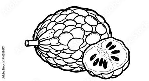 A simple line drawing of a custard apple fruit with a slice cut out to reveal its seeds.
