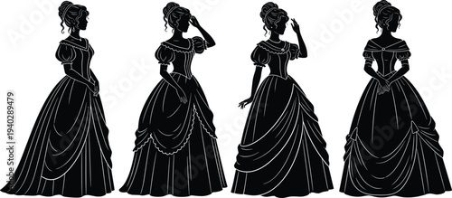 Elegant Victorian Woman Silhouette Set in Period Ball Gowns with Puff Sleeves and Detailed Bustle Skirts for Historical Fashion Design