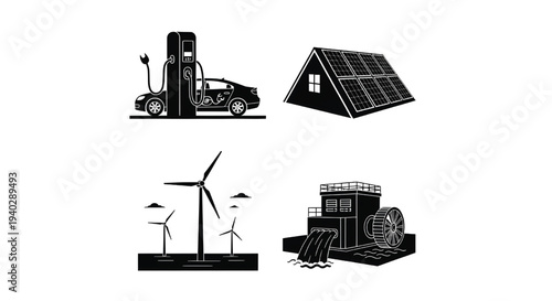 A set of icons representing renewable energy sources and sustainable living
