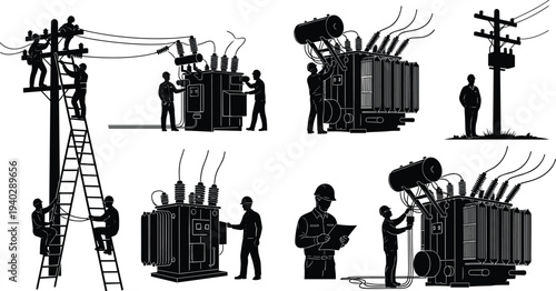 Electrical Engineers and Linemen Working on High Voltage Power Transformers and Utility Poles Silhouette Set for Industrial Maintenance and Energy Infrastructure