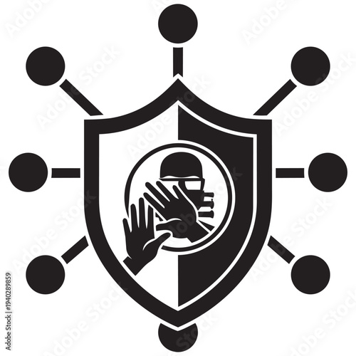 Cybersecurity icon featuring a shield protecting against a hacker or identity thief with hands raised in defense