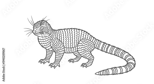 Detailed black and white illustration of a mongoose with striped tail and whiskers.