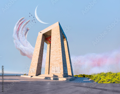 Air Force aerobatic team performing demonstration flight over Canakkale Martyrs' Memorial against to Dardanelles Strait -  Çanakkale, Turkey