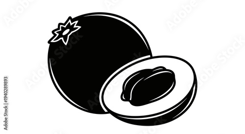 A simple black and white illustration of an avocado with one half cut open.