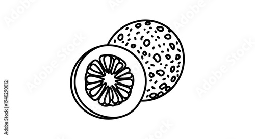 A simple line drawing of a sliced orange with a spotted peel
