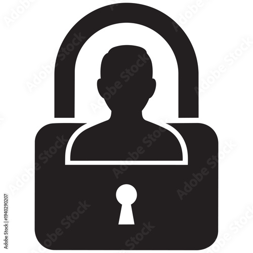User account security icon, padlock with silhouette of a person inside, flat vector graphic for web and mobile interface