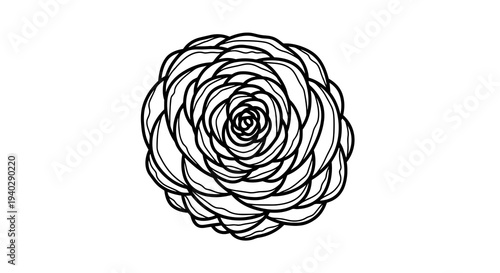 A simple black and white illustration of a rose in full bloom.