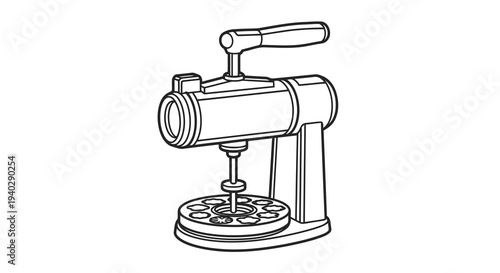 A manual meat grinder with a handle and grinding plate