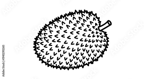 A simple black and white illustration of a durian fruit with spiky exterior.