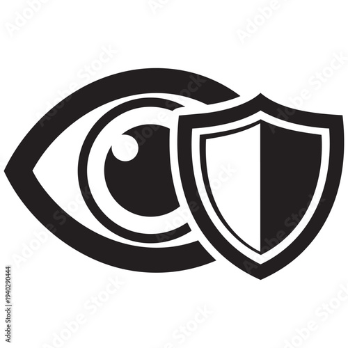 Eye with shield icon, symbol of privacy protection, data security, vision safety, and surveillance monitoring concept