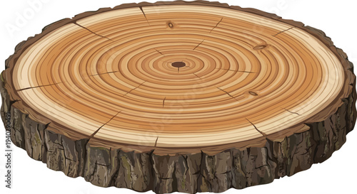 Realistic Tree Stump with Annual Growth Rings Vector Illustration | Detailed Bark Texture Wood Cross Section