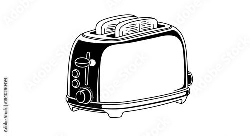 A simple line drawing of a toaster with toast popping up.