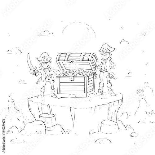 Pirates Standing on Cliff with Treasure Chest