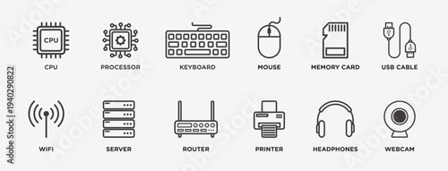 Computer components icon set. CPU, processor, keyboard, mouse, memory card, USB cable, wifi, server, router, printer, headphones, and webcam outlined vector icon collection