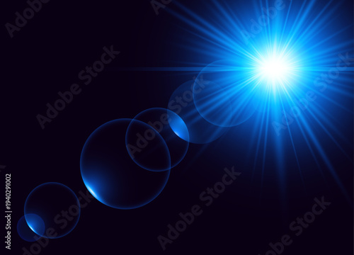 Radiant Blue Lens Flare Light Beam in Dark Space, Futuristic Abstract Energy Glow Vector Illustration.