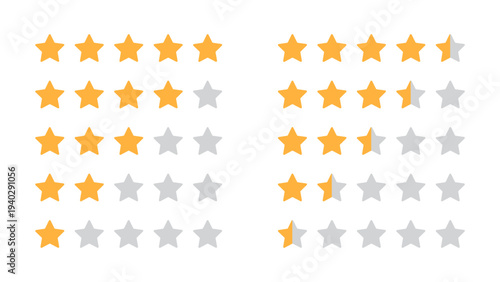 feedback icon. 5,4,3,2, and 1 star ratings or review symbols. with half strats feedbacks. vector illustration in yellow color.