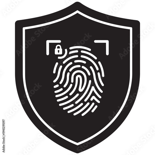 Fingerprint scan inside a security shield icon representing biometric data protection and cyber security authentication