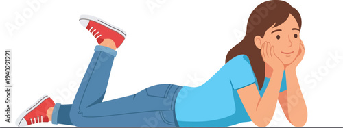 Young Woman Lying on Ground Thinking Vector | Girl in Blue T-Shirt Red Sneakers Looking Thoughtfully