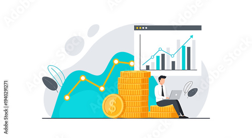 A man analyzing financial growth charts on a laptop screen with stacks of gold coins nearby