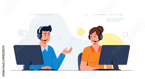 Customer service representatives wearing headsets and working on computers in a call center environment from a front-view perspective