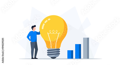 Man standing beside large yellow lightbulb with graphs and charts nearby, symbolizing innovative business ideas and growth.