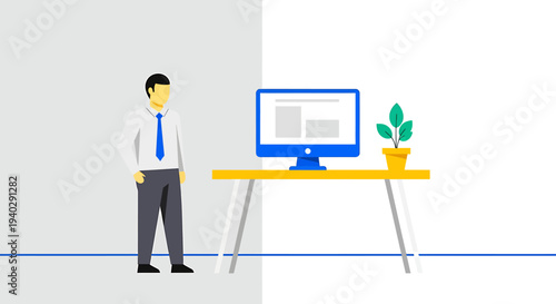 Man standing beside a desk with a computer and a plant in a minimalist office setting