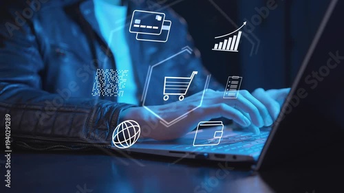 Online shopping and mobile payment concept. Digital online shopping e-commerce business, internet banking app, virtual credit card transaction, smart retail marketing, and global wallet technology.