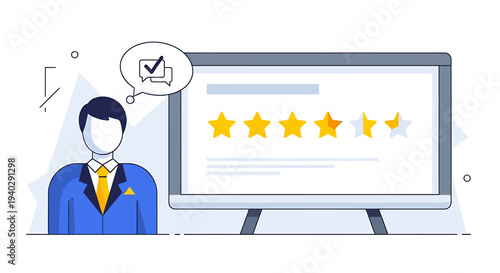 Man in blue suit giving five-star review on computer screen illustration