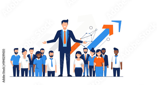 Business leader presenting to a diverse group of professionals with a rising graph in the background