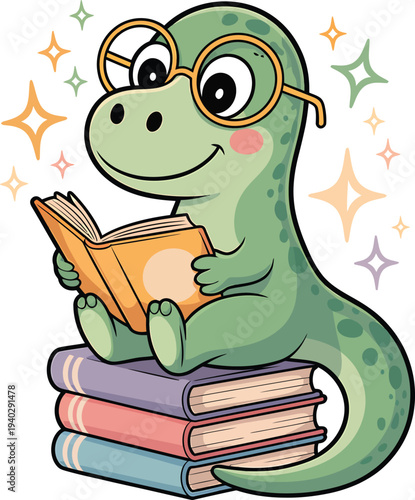 Cute long neck dinosaur reading book illustration

