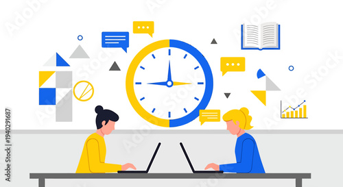 Two individuals working together on laptops at a desk surrounded by time management symbols and graphs illustrating productivity and teamwork